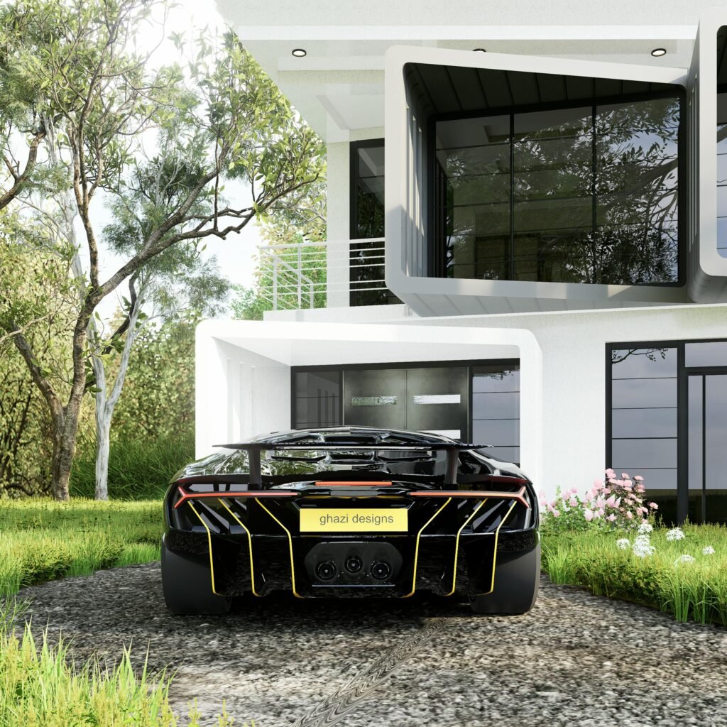 Casa de lujo con auto estacionado